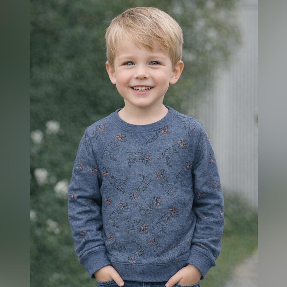 OshKosh Boys Dino Sweatshirt Size 7 – Fun T-Rex Print, Blue-Gray Pullover
